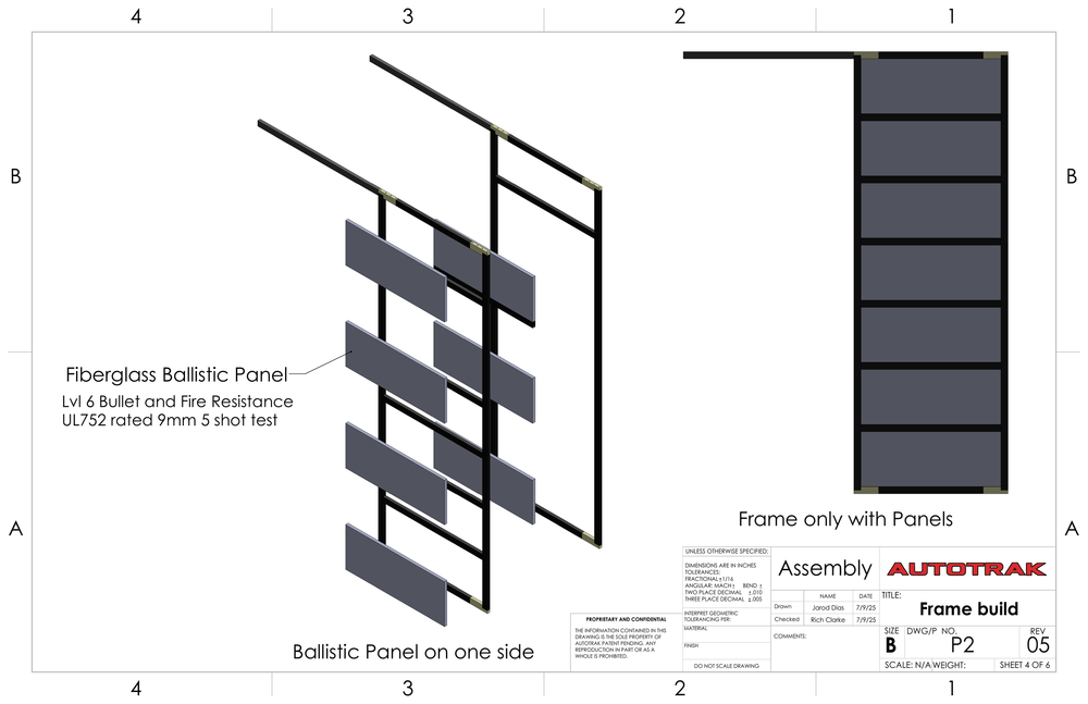 Isometric view of ballistic panels on frame.