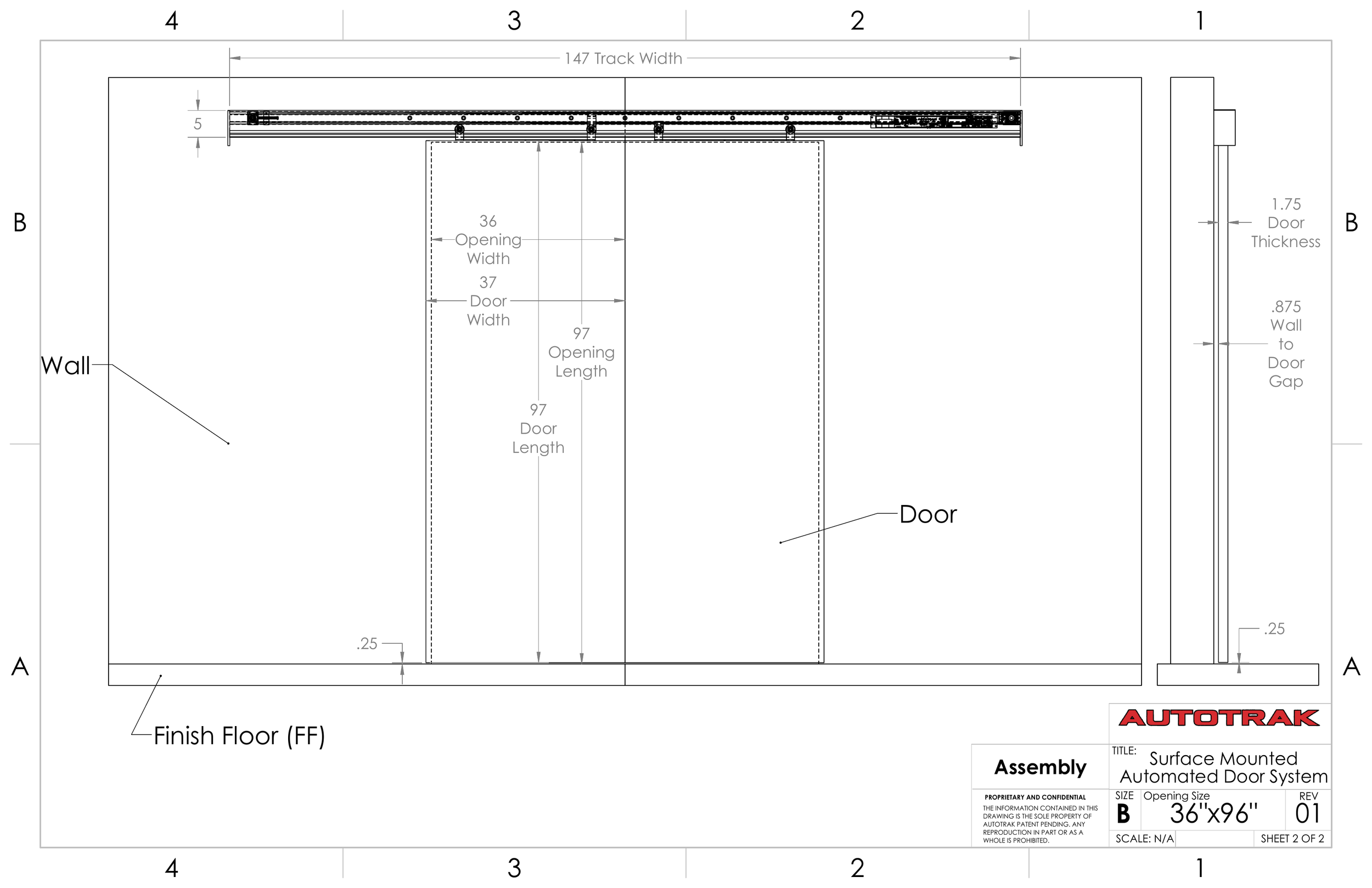 Technical drawing double sliding door dimensions.