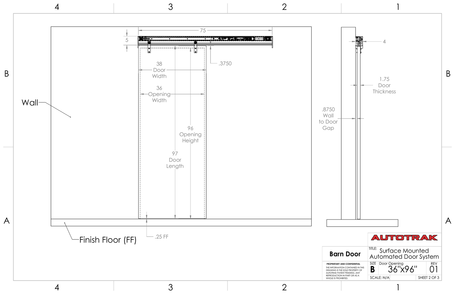 Technical drawing single sliding door dimensions.